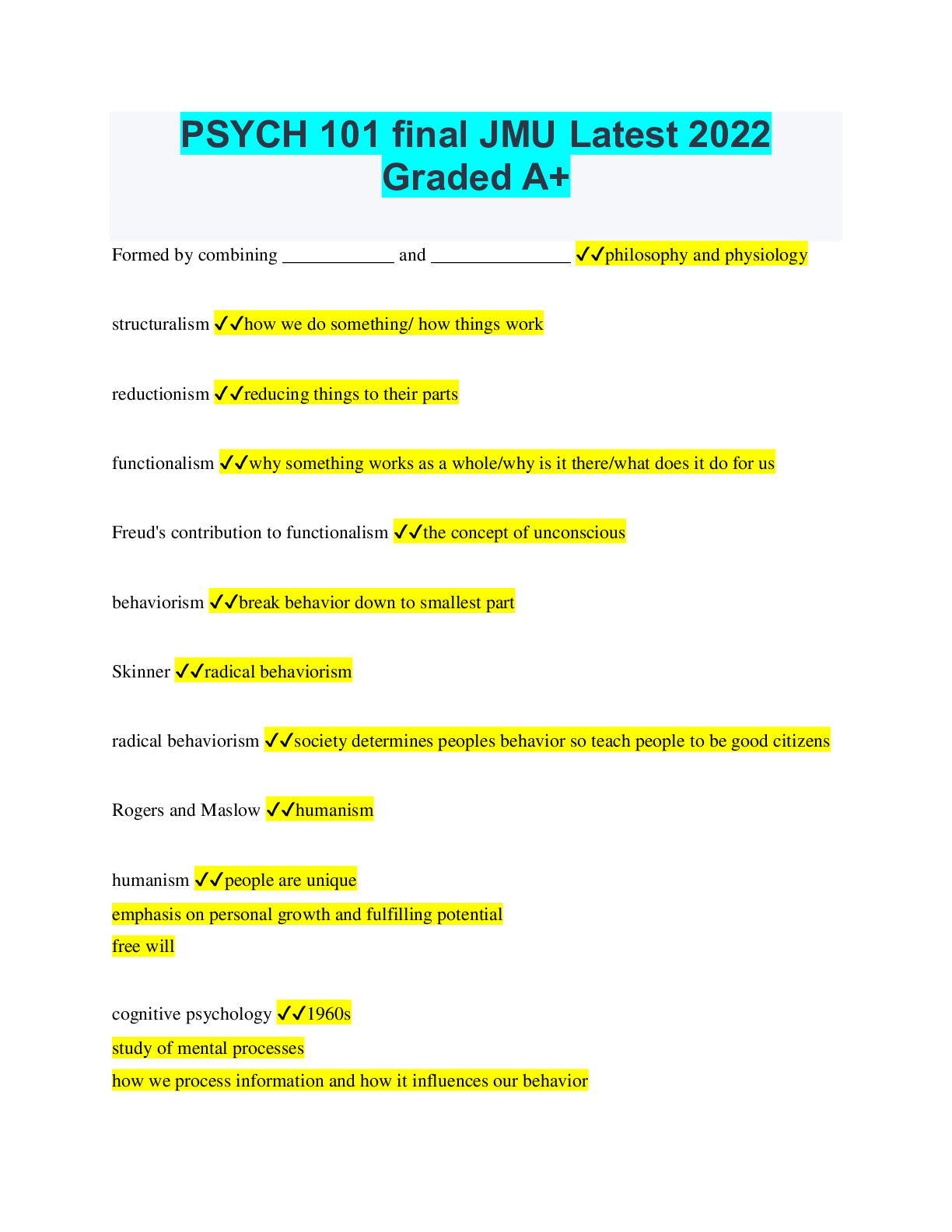 Preview image for PSYCH 101 final JMU Latest 2022 Graded A+